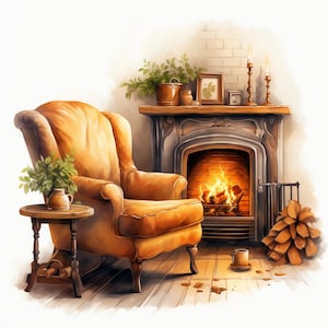Gemütlicher Stuhl am Kamin, druckbare Aquarell Clipart, 10 hochwertige Aquarell JPGs, Papierhandwerk, Kartenherstellung
