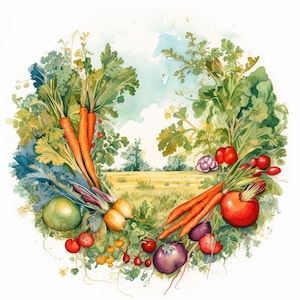Légumes sur fond de champ, clipart aquarelle imprimable, 10 fichiers JPG aquarelles de haute qualité, créations en papier, fabrication de cartes