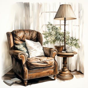 Cozy chair with floor lamp, Printable Watercolor clipart, 10 High Quality Watercolor JPGs, Paper crafts, Card Making