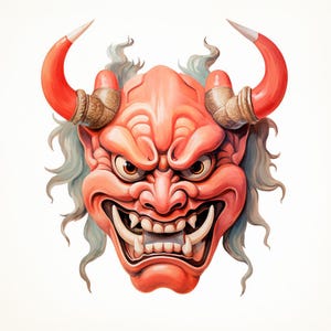 May include: A red Hannya mask featuring two large, curved horns with textured metallic bases, a fierce expression with wide eyes, a wide mouth revealing sharp fangs, and flowing light gray hair framing the sides of the face.