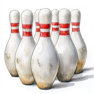 Puede incluir: Un juego de diez bolos blancos con rayas rojas. Los bolos están dispuestos en forma de triángulo, con la punta del triángulo apuntando hacia el espectador. Los bolos están ligeramente desgastados y tienen un aspecto vintage.