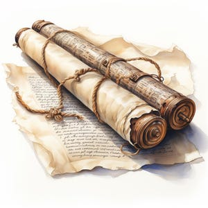 以下が含まれることがあります： 紐で結ばれた2つの巻物。手書きの文字が書かれた羊皮紙の上に置かれている。巻物は古くなった紙でできており、木製のキャップが付いている。