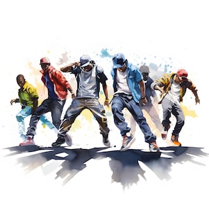 Dynamic Breakdancers, Street Dance, afdrukbare aquarel clipartbundel, 10 hoogwaardige aquarel jpg's, Papierkunst, Kaarten maken