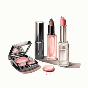 Op de afbeelding: Een set make-upproducten, waaronder een zwarte lipstick, een roze lipgloss, een zwart en zilveren compact met een roze blush en een roze make-upschwam.