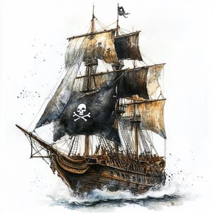 Nave pirata, clipart acquerello stampabile, 10 JPG acquerello di alta qualità, lavori di carta, creazione di biglietti