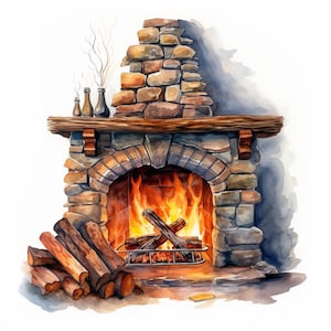 Cozy stone fireplace, Printable Watercolor clipart, 10 High Quality Watercolor JPGs, Paper crafts, Card Making