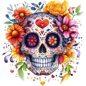 Crâne de sucre mexicain avec fleurs, clipart aquarelle imprimable, 10 fichiers JPG aquarelles de haute qualité, créations en papier, fabrication de cartes