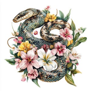 Cobra em flores, clipart de aquarela para impressão, 10 JPGs de aquarela de alta qualidade, artesanato em papel, criação de cartões