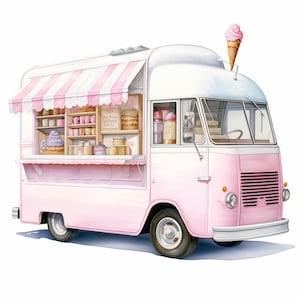 Illustrazione di un camioncino dei gelati, bundle di clipart di acquerelli stampabili, 10 JPG di acquerelli di alta qualità, lavori di carta, creazione di biglietti
