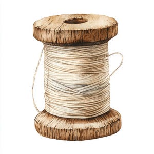 Puede incluir: Ilustración en acuarela de una bobina de hilo de madera. La bobina es de color marrón claro, de forma cilíndrica, y el hilo es de color blanco crema. El hilo está enrollado apretadamente, con un hilo que se extiende por un lado.
