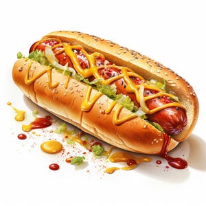 Op de afbeelding: Een hotdog in een broodje met gele mosterd, ketchup en sla. De hotdog ligt op een wit oppervlak met wat mosterd en ketchup eromheen gespat.