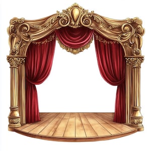 Può includere: Illustrazione di un palcoscenico con una cornice dorata ornata, tende di velluto rosso e un pavimento in legno. Il palcoscenico ha due colonne e una mantovana decorativa. Le tende sono tirate, rivelando uno spazio vuoto.