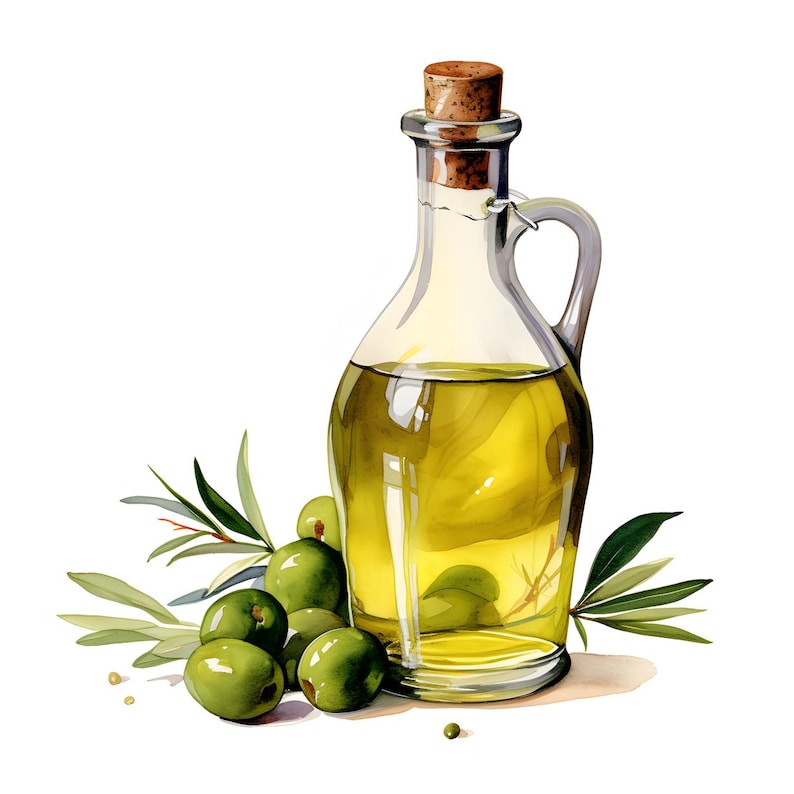 Puede incluir: Ilustraci&oacute;n en acuarela de una botella de aceite de oliva de vidrio transparente con tap&oacute;n de corcho, llena de aceite amarillo-verdoso. Aceitunas verdes y ramas de olivo dispuestas alrededor de la botella.