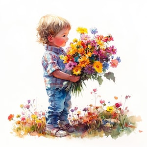 Kleiner Junge hält einen Blumenstrauß, Muttertagskarte, druckbare Aquarell Clipart, 10 hochwertige Aquarell JPGs, Papierhandwerk