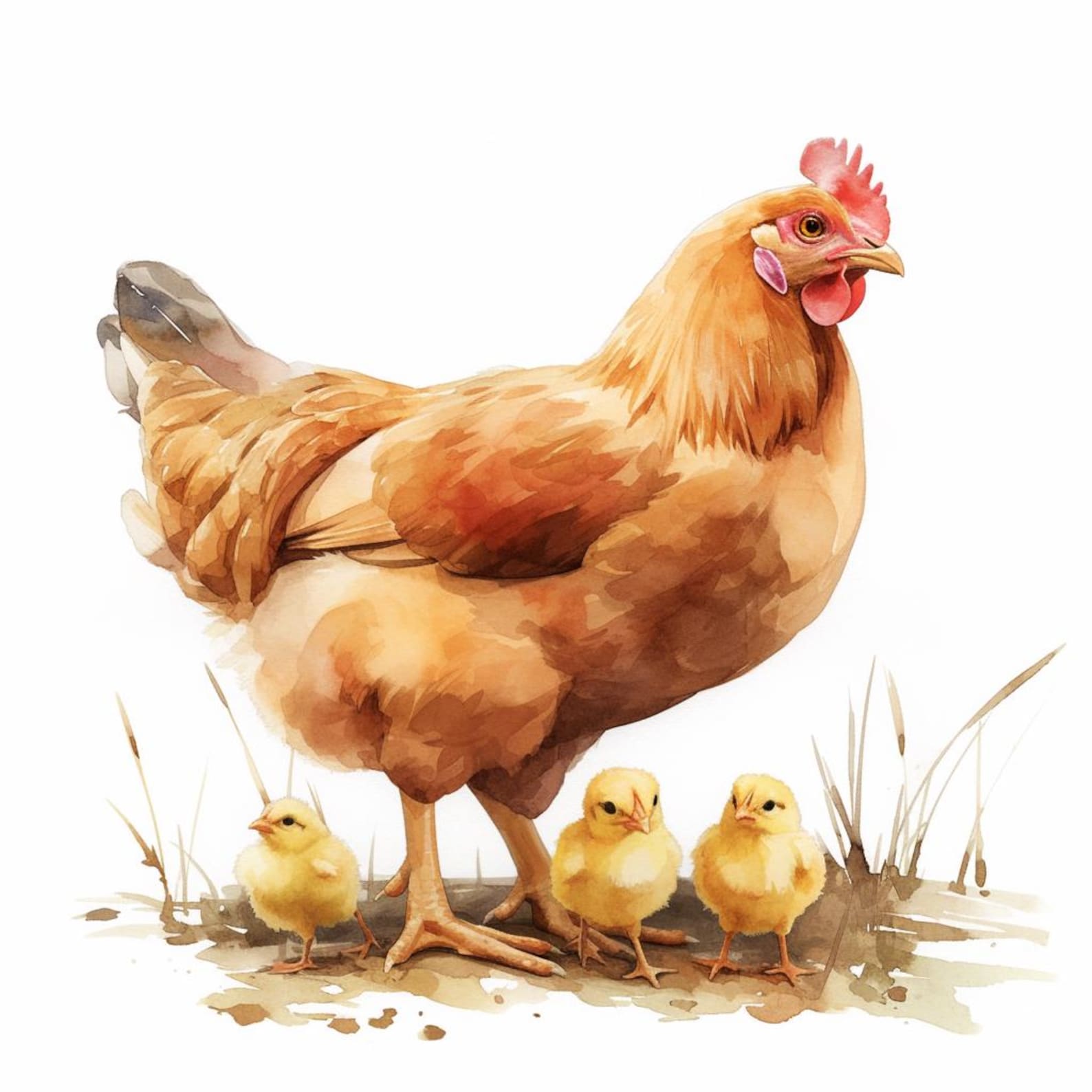 Hen and Chicks, Mother Hen, Printable Watercolor Clipart Bundle, 10 ...