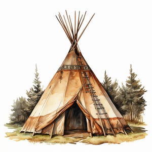 Puede incluir: Un tipi marrón y beige con una escalera de madera y una entrada con solapa. El tipi está rodeado de árboles verdes.