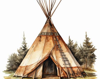Indian Teepee Tent, Printable Watercolor clipart, 10 High Quality Watercolor JPGs, Paper crafts, Card Making