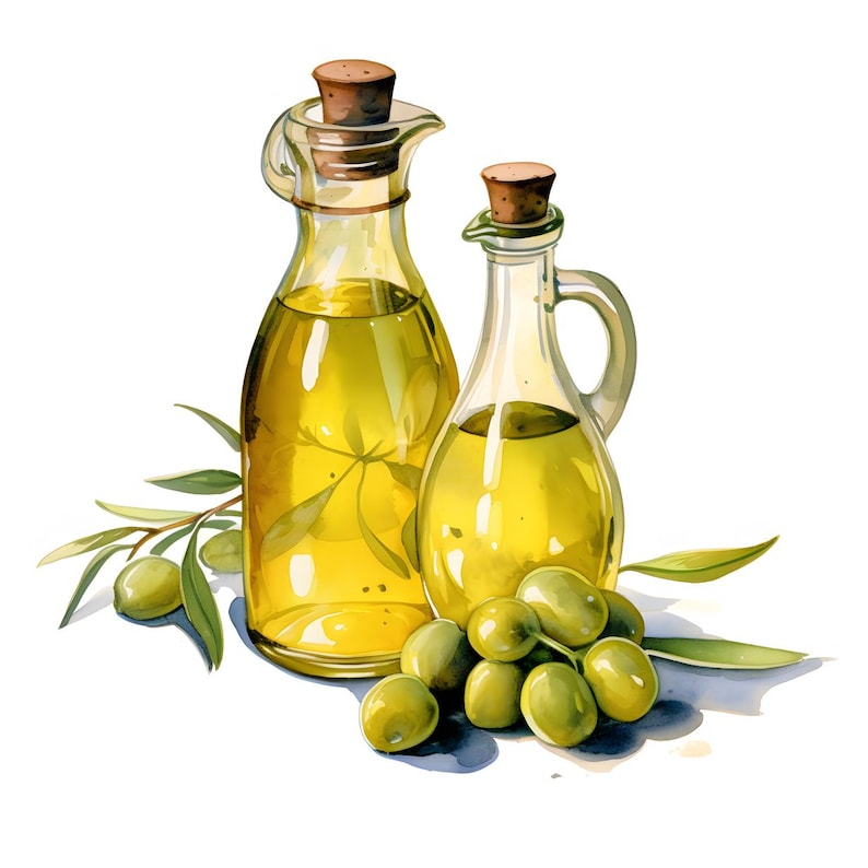 Puede incluir: Ilustraci&oacute;n en acuarela de dos botellas de aceite de oliva de vidrio con tapones de corcho. Las botellas est&aacute;n llenas de aceite amarillo y rodeadas de aceitunas verdes y ramas de olivo. La imagen tiene una est&eacute;tica brillante y limpia.