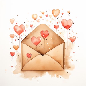 Envelope com corações, clipart de aquarela para impressão, 10 JPGs de aquarela de alta qualidade, artesanato em papel, criação de cartões