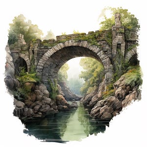 Può includere: Un ponte ad arco in pietra, ricoperto di vegetazione, attraversa un piccolo fiume. Il ponte è fatto di pietre grezze e ha un aspetto rustico e invecchiato. Il fiume è calmo e limpido, riflettendo gli alberi e il cielo circostanti.