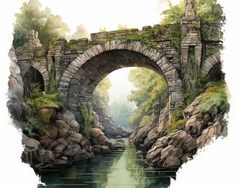 Puede incluir: Un puente de arco de piedra, cubierto de vegetación, cruza un pequeño río. El puente está hecho de piedras toscamente labradas y tiene un aspecto rústico y desgastado. El río es tranquilo y claro, reflejando los árboles y el cielo circundantes.
