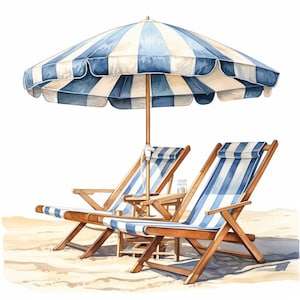 Sedia a sdraio e ombrellone da spiaggia, bundle di clipart acquerello stampabili, 10 JPG acquerello di alta qualità, lavori di carta, creazione di biglietti