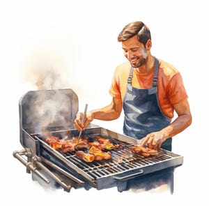 Man Cooking BBQ, afdrukbare aquarel clipartbundel, 10 hoogwaardige aquarel jpg's, knutselen en kaarten maken