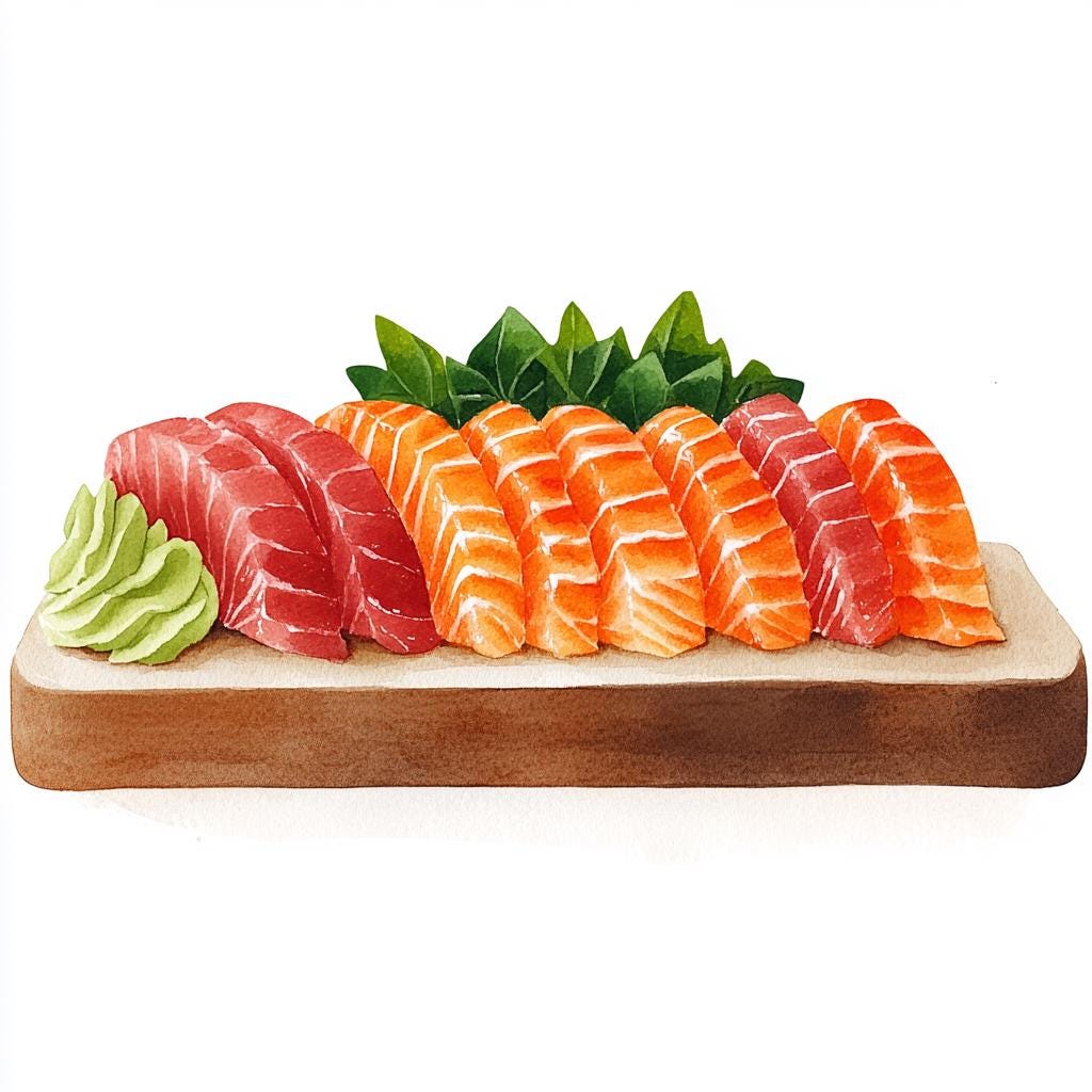 刺身の日本料理イラスト、寿司のクリップアート、印刷可能な水彩