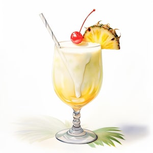 Pina Colada-cocktail, afdrukbare aquarel clipart, 10 hoogwaardige aquarel jpg's, knutselen, kaarten maken
