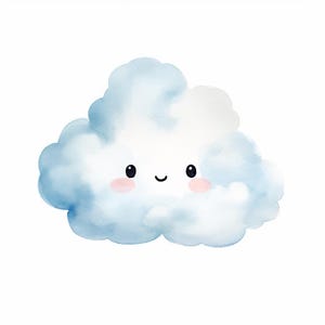May include: Watercolor illustration of a smiling cloud. The cloud is light blue and white with a happy face, featuring black eyes and a curved mouth. The cheeks are a soft pink. The image is on a white background.