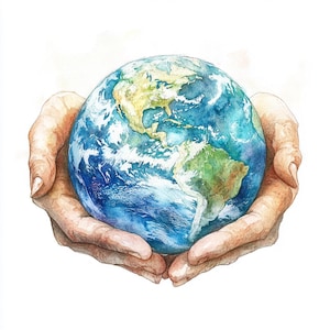 May include: A watercolor painting of two hands holding a blue and green globe. The globe is painted in a realistic style, with continents and oceans clearly visible.