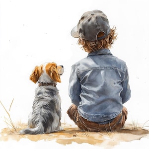 Kleiner Junge sitzend mit einem Welpen, druckbare Aquarell Clipart, 10 hochwertige Aquarell JPGs, Papierhandwerk, Kartenherstellung