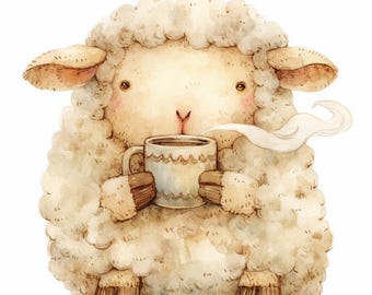 Schattige schapen met een kopje, afdrukbare aquarel clipartbundel, 10 hoogwaardige aquarel jpg's, Papierkunst en Kaarten maken