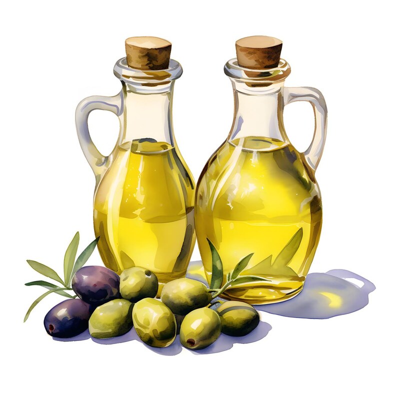 Puede incluir: Ilustraci&oacute;n en acuarela de dos botellas de vidrio de aceite de oliva con tapones de corcho. Las botellas est&aacute;n llenas de aceite dorado y tienen asas. Aceitunas verdes y negras y ramas de olivo dispuestas frente a las botellas.