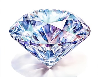 May include: A large, sparkling diamond painted in watercolor with shades of blue, purple, and pink. The diamond is rendered with realistic detail, capturing the facets and brilliance of the gemstone.
