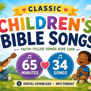 以下が含まれることがあります： Classic Children's Bible Songsのデジタルダウンロード用カバー画像。草原でギターを弾く子供と歌う二人の子供が描かれています。テキストには「65 MINUTES」「34 SONGS」「FAITH-FILLED SONGS KIDS LOVE」と記載されています。