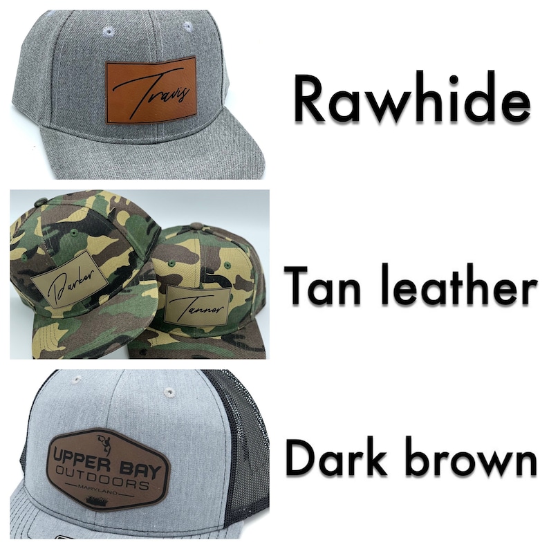 Puede incluir: Tres gorras de b&eacute;isbol con parches de cuero de diferentes colores. La primera gorra es gris con un parche de cuero crudo que dice "Travis". La segunda gorra es de camuflaje con un parche de cuero marr&oacute;n claro que dice "Parker" y un parche de cuero marr&oacute;n claro que dice "Tanner". La tercera gorra es gris con un parche de cuero marr&oacute;n oscuro que dice "Upper Bay Outdoors - Maryland".