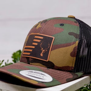 Chapeau chasseur de cerf, chapeau de chasse drapeau américain, chapeau, casquette, cuir gravé, chapeau patch en cuir, bois de daim, cadeau de chasse