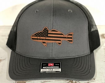 Red Snapper Flag fishing hat, Hat , Cap, Leather engraved, Leather patch hat, fishing hat, red fish hat