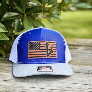 American Flag Lineman Hat: Leather Engraved Patch Cap