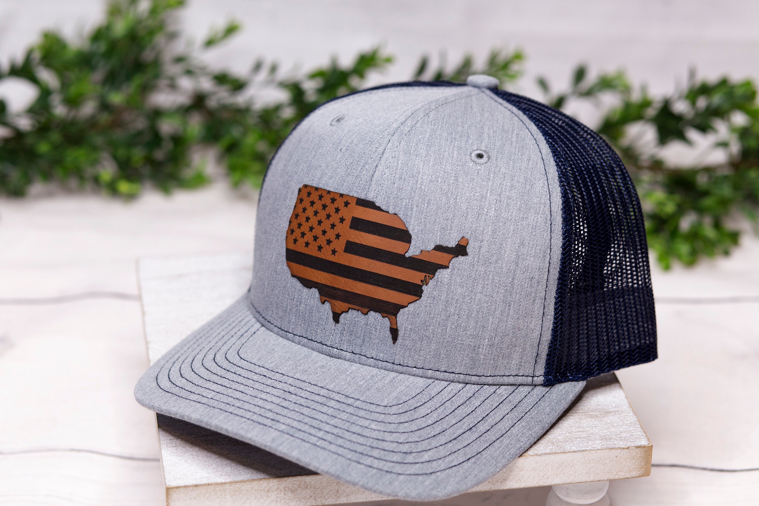 USA Flag Brown Leather Patch Hat Police 