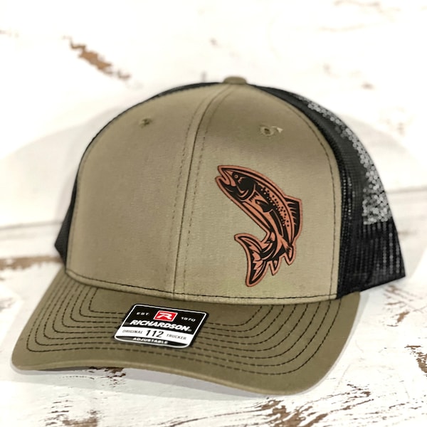 Speckled Trout fishing hat, Hat , Cap, Leather engraved, Leather patch hat, fishing hat, Jumping Trout hat