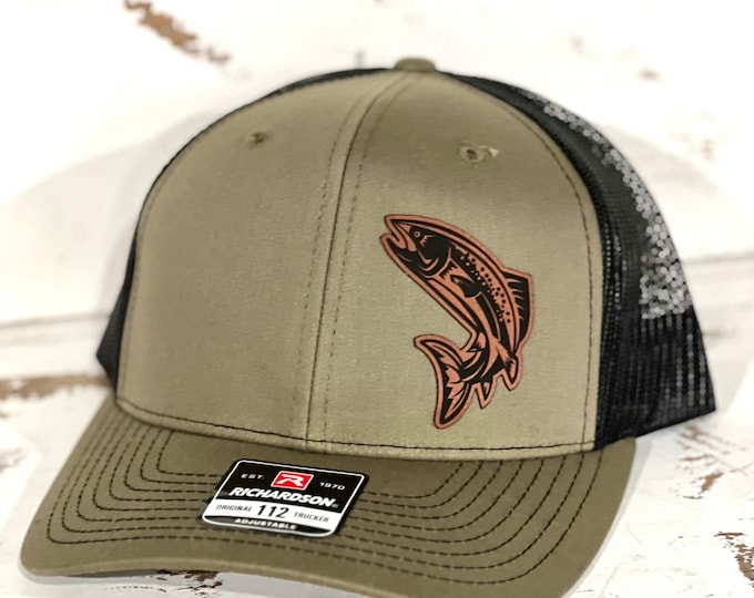 Speckled Trout Fishing Hat: Leather Engraved Patch, Richardson 112 Snapback