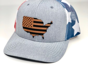 United States hat, American flag hat, Stars and Stripes hat, Hat , Cap, Leather engraved, Leather patch hat, 4th of July hat