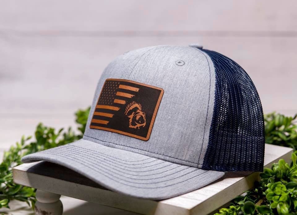 American Flag Turkey Hunting Hat: Leather Engraved Snapback Cap