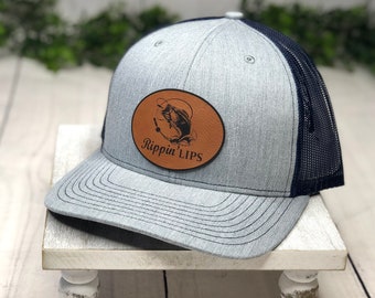 Bass fishing hat, Hat , Cap, Leather engraved, Leather patch hat, fishing hat, ripping lips hat