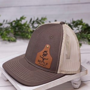 4 Custom Cattle tag hat, Hat , Cap, Leather engraved, Leather patch hat, logo hats