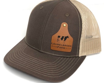 10 Custom Cattle tag hat, Hat , Cap, Leather engraved, Leather patch hat, logo hats
