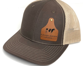6 Custom Cattle tag hat, Hat , Cap, Leather engraved, Leather patch hat, logo hats