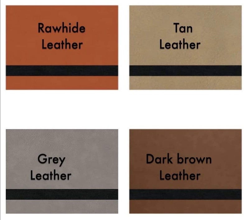 Puede incluir: Cuatro muestras de cuero con ribete negro. Las muestras est&aacute;n etiquetadas como "Rawhide Leather", "Tan Leather", "Grey Leather" y "Dark Brown Leather".